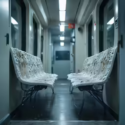 two white benches are lined up in a hallway