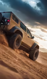 a black truck with red lights going through the desert