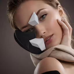 woman with scarves, white and black shapes on her face