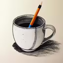the drawing shows a cup with a pencil sticking out