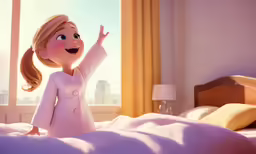 a cartoon girl raising her hands while lying in bed