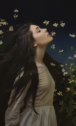 a woman in white dress blowing out of flowers