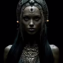 a woman with a head piece and metal jewelry