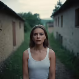 a beautiful woman standing next to a building