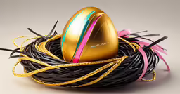 a nest of shiny colored eggs on a light background