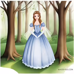 the illustration shows an animated scene of a princess standing by a tree