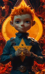 the young boy with orange hair is standing in front of an elaborate painting