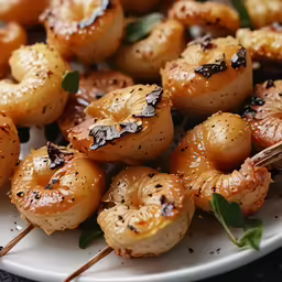 shrimp bites are served on the grill on white plates