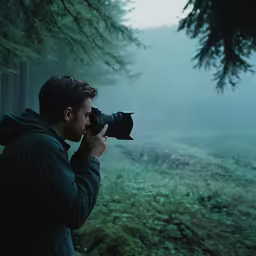 a man with a camera near a foggy forest