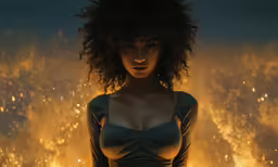 an illustration of a female standing in front of a fire