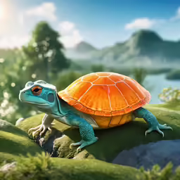 an animated turtle with an orange shell sits atop rocks