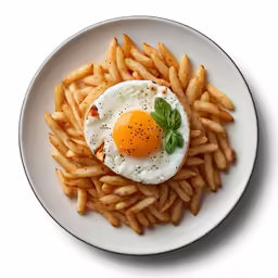 a white plate topped with a fried egg and french fries