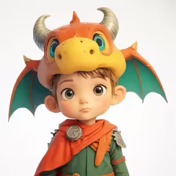 an animated action figure wearing an orange outfit and green cape