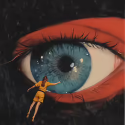 a woman with her hand extended towards an eye