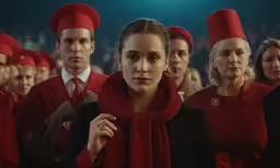 a woman wearing red hat and scarf standing in front of other men
