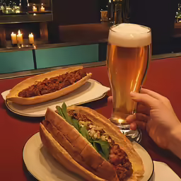 a person holding a beer in their hand with some chili dogs in the background