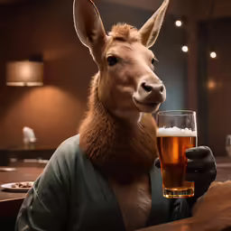 a person holding a beer glass with an animal on it