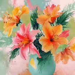 orange and pink flowers in a vase on a table