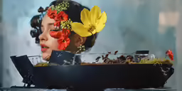 the woman is taking her place in a dish with flowers