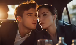 a man and a woman sitting in the back seat of a car