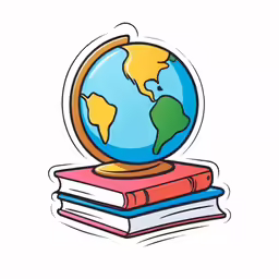 books are stacked next to a cartoon globe