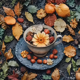 a cup with a flower sits on a plate