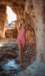 a woman in a short pink romper and sandals standing by rocks