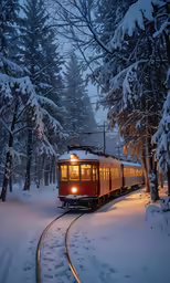an old fashioned train in the snow at dusk
