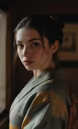 an oriental woman looks out of a window