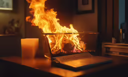 a flame is burning in the fireplace next to a laptop