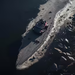 an overhead view of three cars driving on a rocky area