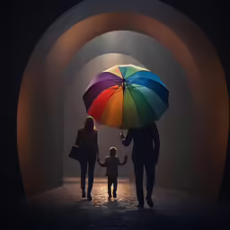 three people holding a colorful umbrella as a child stands in front of them
