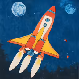 a painting of an orange rocket flying in the sky