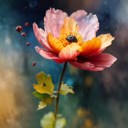 some yellow and red flowers with some brown centers,an orange flower with a bee sitting on it