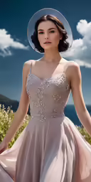 the woman is wearing a dress with a nice hat on it