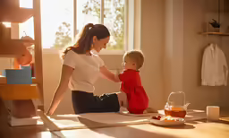 there is a woman standing next to a little girl who is trying to feed herself