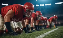 multiple football players crouch on the sidelines wearing red and white uniforms