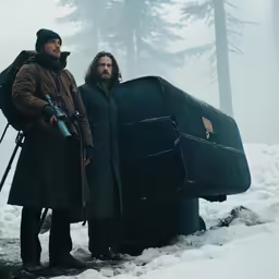 two men standing beside each other with their luggage