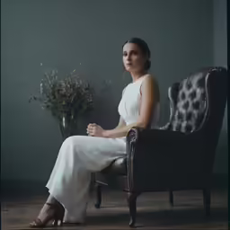 a woman sits in a chair near a vase of flowers