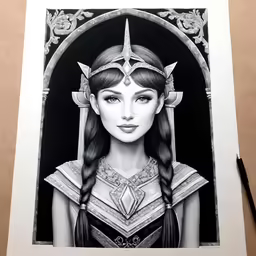 a drawing of a girl with an ornate headdress