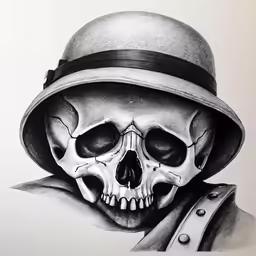 a drawing of a skull wearing a helmet and coat