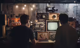 two men looking at multiple antique tvs