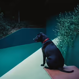 a dog is sitting on a ledge with bushes