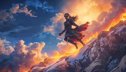 a girl with long dark hair is flying over a mountain and a fire