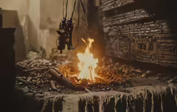 a fire burns in an empty warehouse with other objects