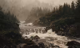 the falls next to a forest are seen in fog