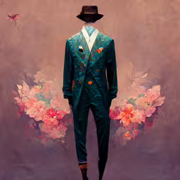 a man in a suit and tie painted in a colorful floral painting,an oil painting of a suit and hat with a background of flowers