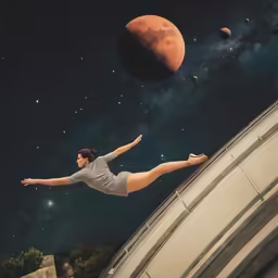 a girl in grey shirt flying off a platform near the moon