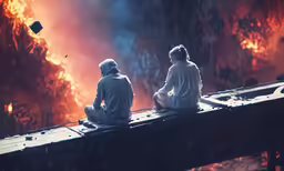 two people sitting on a ledge overlooking a burning sky