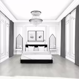this is a bedroom with black and white decor